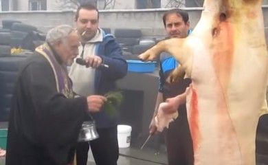 Snimak izazvao buru komentara: Sveštenik blagosilja svinjokolj u autopraoni (VIDEO)