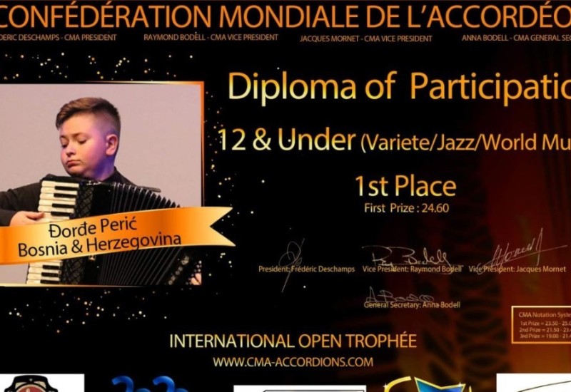 Dvanaestogodišnji Đorđe Perić pobjednik Svjetskog trofeja harmonike u Kini