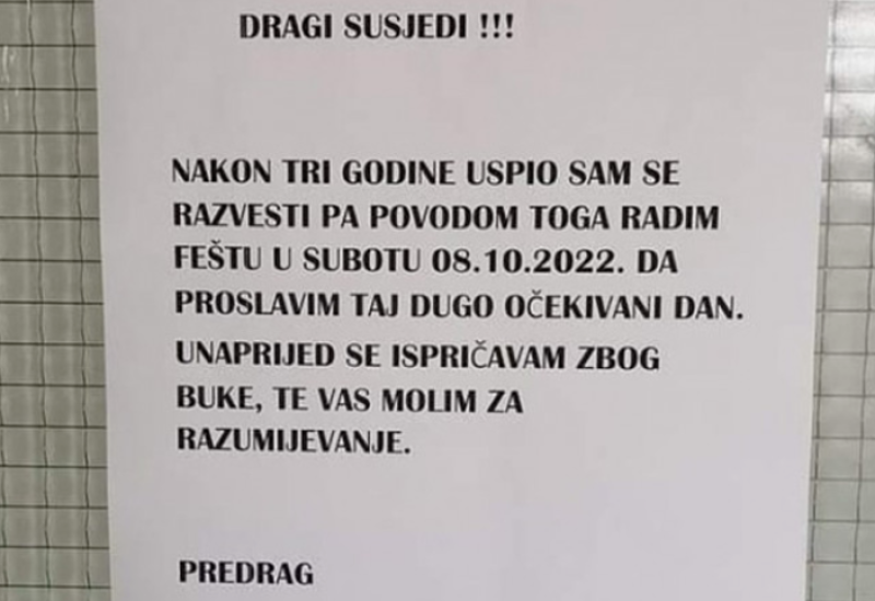 HIT NA FEJSU: Zagrepčanin upozorio komšije na buku, slavi razvod