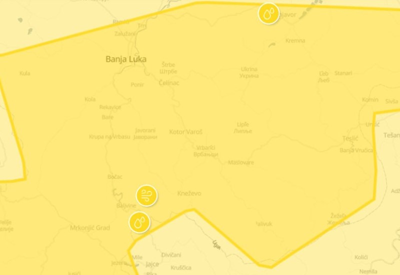 Žuto upozorenje zbog vjetra u Banjaluci, a zbog kiše u Bihaću