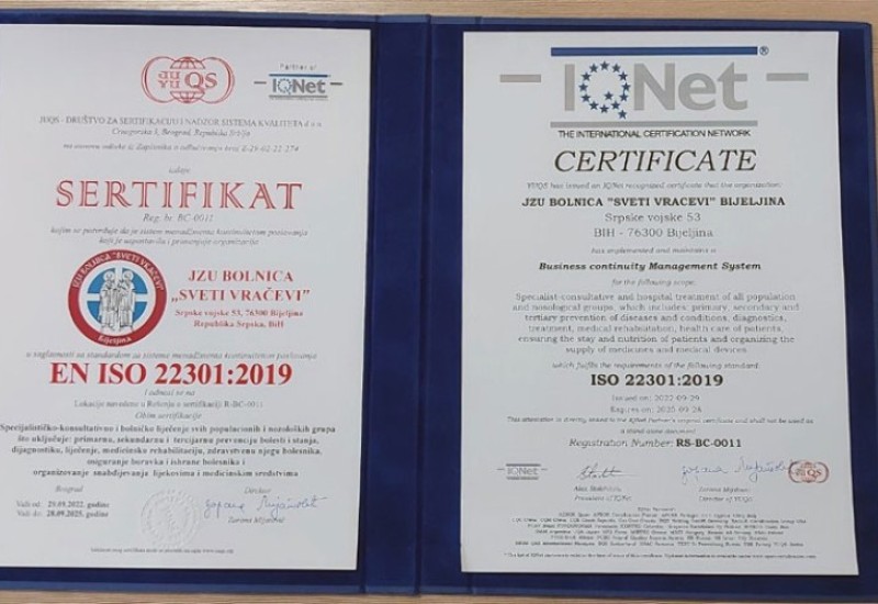 BIJELJINA: Bolnici „Sveti vračevi“ uručen sertifikat ISO 22301:2019